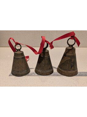 Vintage Brass Hand-Etched 3 Decorative Bells Indian Camel/Altar Hanging Bells